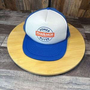 Vintage Phar-Mor “Power Buyer” Trucker Hat – Blue & White Mesh Snapback – 1980s